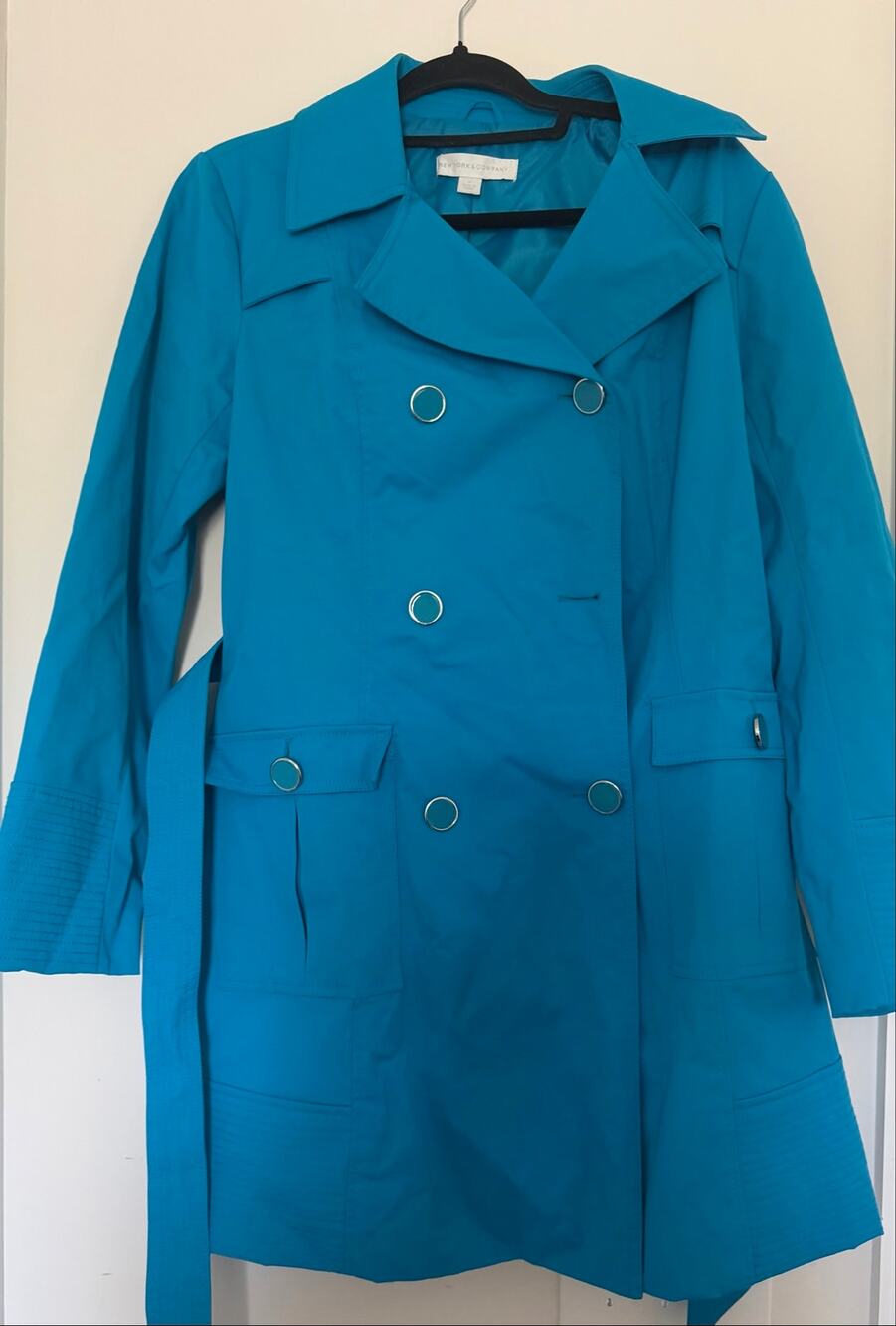 New York & Company Turquoise Blue Double Breasted Belted Trench Coat M